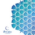 Ramadan Kareem Greeting card .Blue Origami Arabesque Mosque Window. Arabic Ornamental pattern in paper cut style.Holy Royalty Free Stock Photo