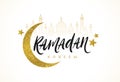 Ramadan Kareem greeting card - Brush calligraphy greeting, glitter gold moon, star and silhouette of mosque. Royalty Free Stock Photo