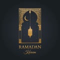 Ramadan Kareem greeting card with calligraphy. Vector hand sketched oriental arch, lantern, new moon and stars.