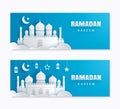 Ramadan Kareem greeting card with crescent moon paper art background. Eid Mubarak banner template. Use for Royalty Free Stock Photo