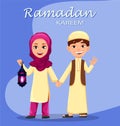 Ramadan Kareem greeting card with cute Arabian boy and girl.