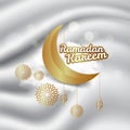 Ramadan Kareem greeting card decorated with arabic lanterns, crescent moon and calligraphy inscription which means ``Ramadan Karee