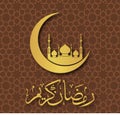 Ramadan kareem greeting card. decorated crescent moon with mosque, text Ramadan Kareem prescription in arabic Royalty Free Stock Photo