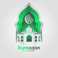 Ramadan Kareem Greeting card file in free hand write with a modern paper craft style