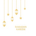 Ramadan Kareem greeting card frame. Golden fanoos, crescent and stars hanging on white background. Luxury gold design