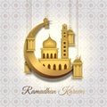 Ramadan Kareem greeting card with golden big mosque in golden crescent, hanging lantern and Arabic calligraphy means Royalty Free Stock Photo