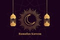 Ramadan Kareem greeting card. Golden lanterns and crescent moon