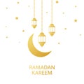 Ramadan Kareem greeting card. Golden lanterns, crescent and stars hanging on white background. Luxury gold design Royalty Free Stock Photo