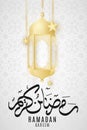 Ramadan Kareem greeting card. Golden lanterns and hanging stars on a light background with Islamic ornament. Hand drawn arabic Royalty Free Stock Photo