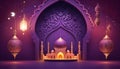 ramadan kareem greeting card with golen mosque and purple lanterns