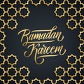 Ramadan Kareem greeting card with hand drawn lettering and gold arabic pattern.