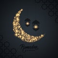 Ramadan Kareem greeting card with handwritten inscription holiday greetings, gold sparks crescent moon and arabic lanterns. Royalty Free Stock Photo