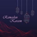 Ramadan Kareem greeting card. Hanging lanterns and beautiful wave like sand in desert.