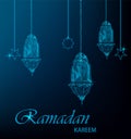 Ramadan Kareem greeting card with hanging traditional Arabic lanterns and stars