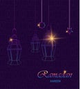 Ramadan Kareem greeting card with hanging traditional Arabic rainbow lanterns and stars