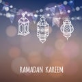 Ramadan Kareem greeting card. Illuminated arabic lanterns. Ramazan decoration. Vector illustration Royalty Free Stock Photo