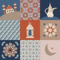 Ramadan Kareem greeting card, invitation template. Hand drawn lantern, moon, coffee pot and mosque. Traditional Moroccan