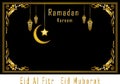 Ramadan Kareem Greeting Card, Islamic art Style Background with Frame Border and mosque, Symbols of Ramadan Mubarak, Hanging Gold