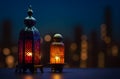 Ramadan Kareem greeting card with lantern. Islamic celebration design. Generative AI