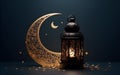 Ramadan Kareem greeting card with moon and lantern on dark blue background. Generative AI