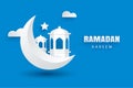 Ramadan Kareem greeting card moon and stars traditional lanterns background. Eid Mubarak paper art banner illustration design. Use Royalty Free Stock Photo