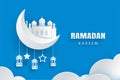 Ramadan Kareem greeting card moon and stars traditional lanterns background. Eid Mubarak paper art banner illustration design. Use Royalty Free Stock Photo