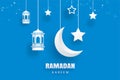 Ramadan Kareem greeting card moon and stars traditional lanterns background. Eid Mubarak paper art banner illustration design. Use Royalty Free Stock Photo