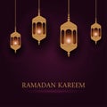 Ramadan Kareem greeting card with Muslim Lantern Fanus. Design of islamic background of the holy month for Ramadan feast. Vector.