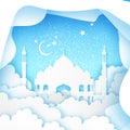 Ramadan Kareem Greeting card. Origami Mosque Window. Holy month. Paper cut Cloud.
