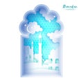 Ramadan Kareem Greeting card. Origami Mosque Window. Holy month. Paper cut Cloud.