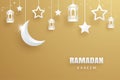 Ramadan Kareem greeting card paper art gold background. Eid Mubarak moon and stars banner illustration design. Use for Islamic fl Royalty Free Stock Photo