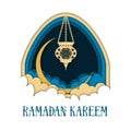 Ramadan Kareem greeting card template with arch, moon, lantern, clouds and text.