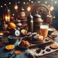 Ramadan Kareem greeting card. Traditional cookies, milk and food on wooden table.