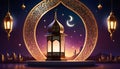 ramadan kareem greeting card wiith islamic ornaments, crescent moon, lanterns in the starry night skies