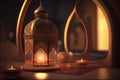 Ramadan Kareem greeting composition with Islamic lantern in night scene. Created with Generative AI technology Royalty Free Stock Photo