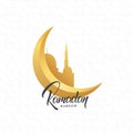 Ramadan Kareem greeting design with crescent moon, arabesque pattern, mosque and Ramadan script lettering