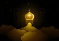 Ramadan Kareem greeting with golden dome mosque on clouds