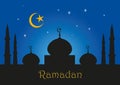 Ramadan kareem greeting illustration with minarets and mosques in silhouette against a night blue sky with stars Ã¢â¬â