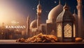 ramadan kareem greeting with lantern and nuts on table, with night starry sky and mosque on baackground Royalty Free Stock Photo