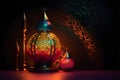 Ramadan Kareem greeting photo with beautiful glowing lantern. Generative AI