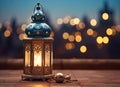 Ramadan Kareem greeting photo with serene mosque background with beautiful glowing lantern. Created with Generative AI