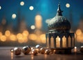 Ramadan Kareem greeting photo with serene mosque background with beautiful glowing lantern. Created with Generative AI