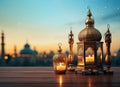 Ramadan Kareem greeting photo with serene mosque background with beautiful glowing lantern. Created with Generative AI