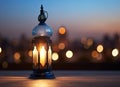 Ramadan Kareem greeting photo with serene mosque background with beautiful glowing lantern. Created with Generative AI