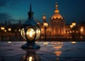 Ramadan Kareem greeting photo with serene mosque background with beautiful glowing lantern. Created with Generative AI