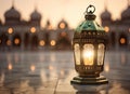 Ramadan Kareem greeting photo with serene mosque background with beautiful glowing lantern. Created with Generative AI