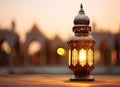 Ramadan Kareem greeting photo with serene mosque background with beautiful glowing lantern. Created with Generative AI