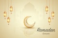 Ramadan kareem greeting template islamic crescent and arabic lantern. Vector illustration