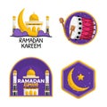 Ramadan Kareem greeting text badges and labels collection. Mosque and Islamic drum vector. Eid mubarak vector sticker.