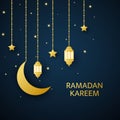 Ramadan Kareem greetings card. Golden lanterns, crescent and stars hanging on dark background. Luxury gold design Royalty Free Stock Photo